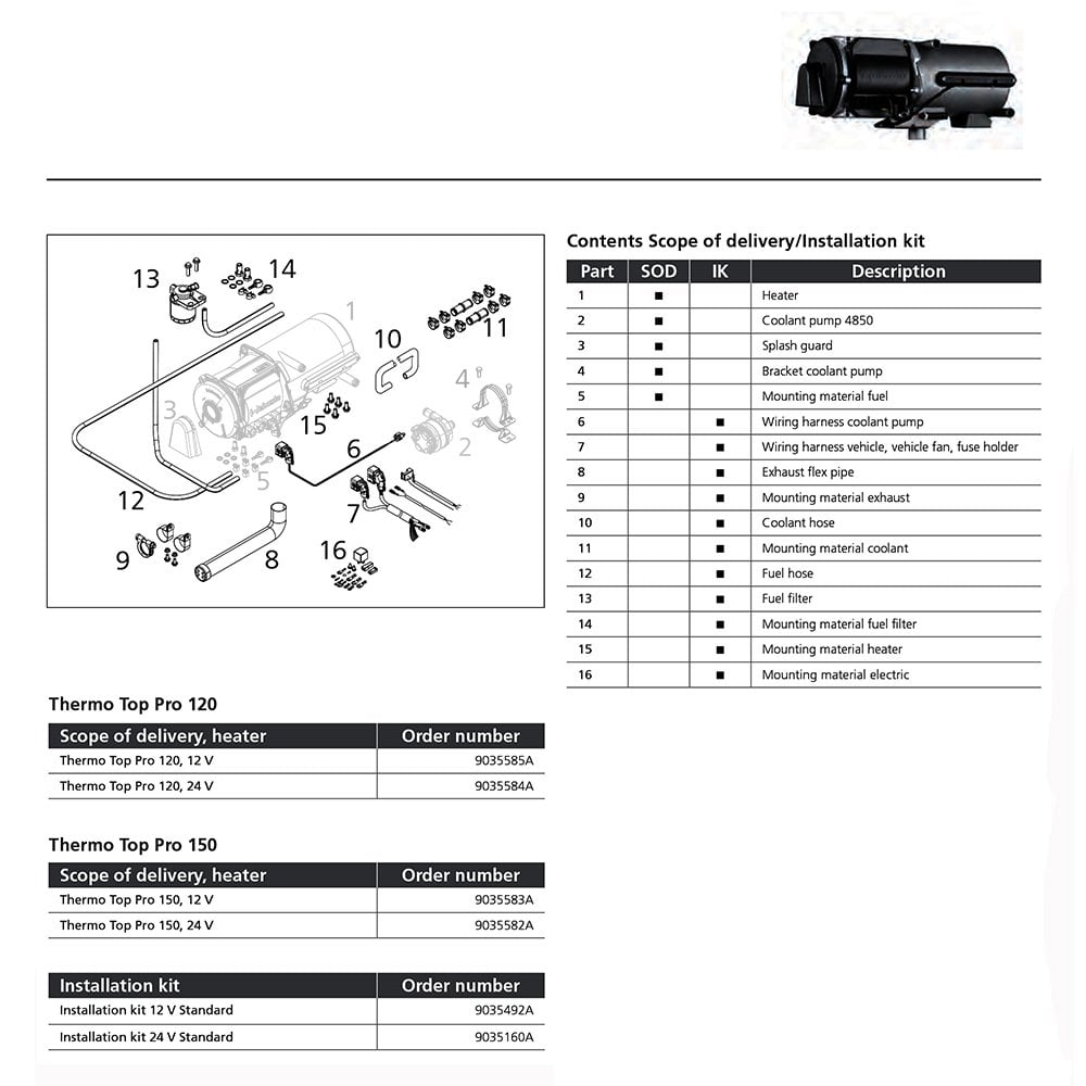 Webasto Water Heater Thermo Top Pro 120 Installation Kit 12v | 9035492A
