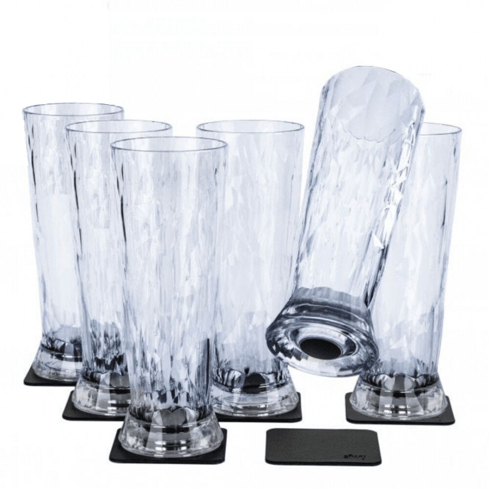Silwy Magnetic Plastic Beer Glasses With Nano-Gel Coasters - Set Of 6