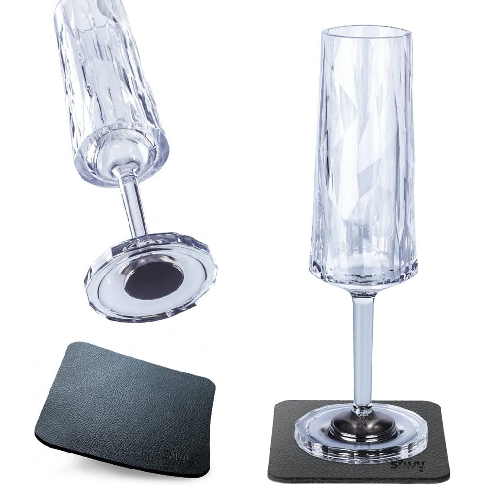Silwy Magnetic Plastic Champagne Prosecco Glasses With Nano-Gel Coasters - Set Of 2