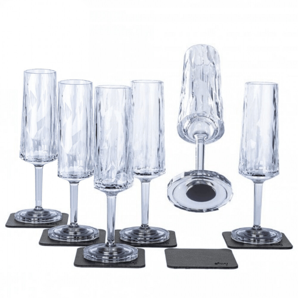 Silwy Magnetic Plastic Champagne Prosecco Glasses With Nano-Gel Coasters - Set Of 6