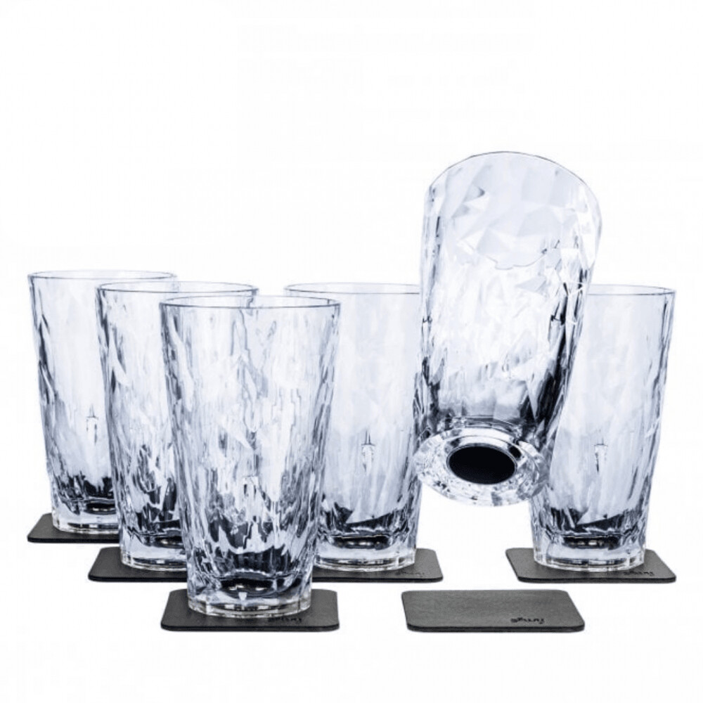 Silwy Black Magnetic Plastic Longdrink Glasses With Nano-Gel Coasters - Set Of 6 - Clear