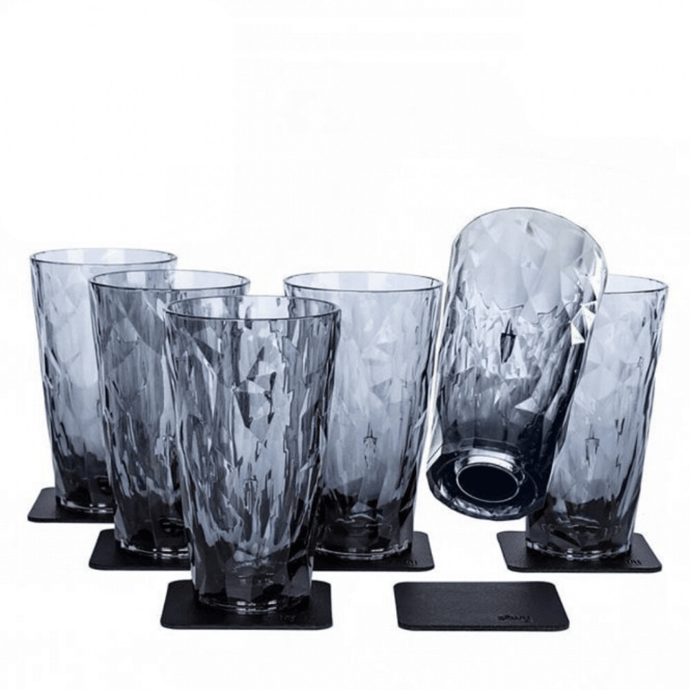 Silwy Grey Magnetic Plastic Longdrink Glasses With Nano-Gel Coasters - Set Of 6 - Pearl