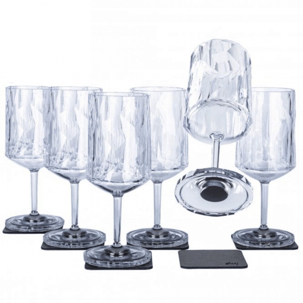 Silwy Black Magnetic Plastic Wine Glasses With Nano-Gel Coasters - Set Of 6 - Clear